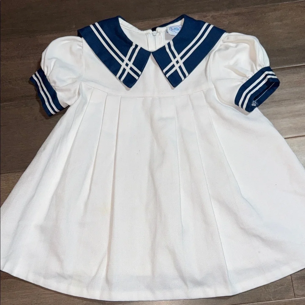 Vintage White Sailor Dress Navy Trim Puff Sleeve Size 3T
